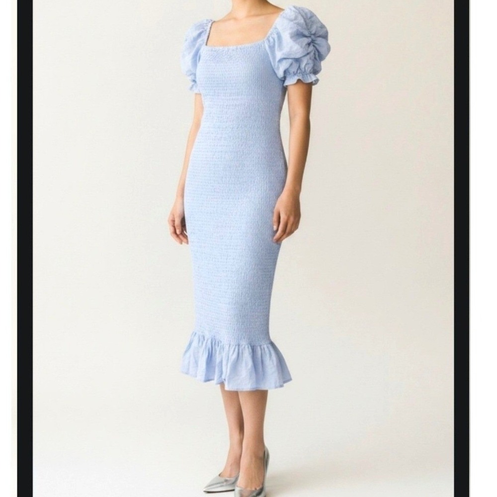 Baltic Born Alana Smocked Midi Dress Light Blue Puff Sleeve Cotton Womens Medium